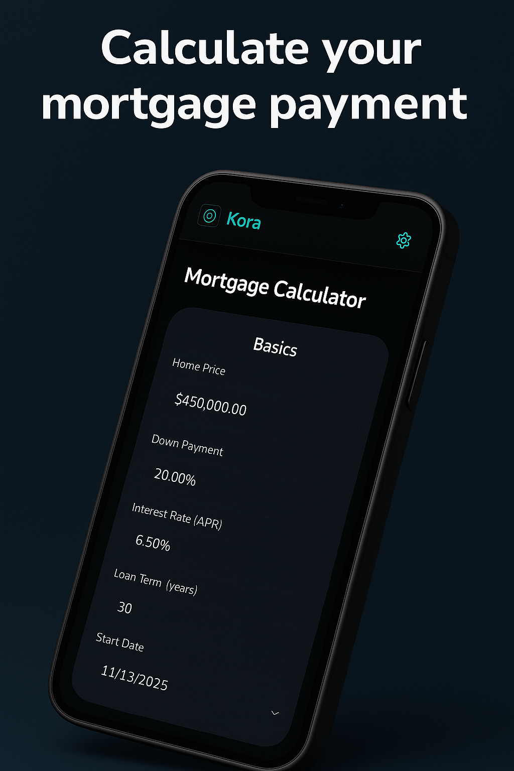 Kora mortgage calculator screen