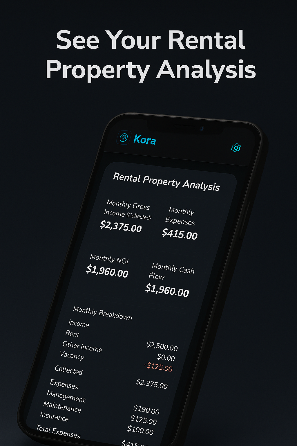 Kora rental analysis screen