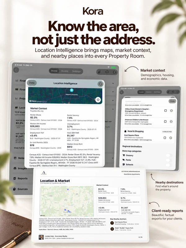 Property maps, nearby places, and source-aware market context. Kora Intelligence.