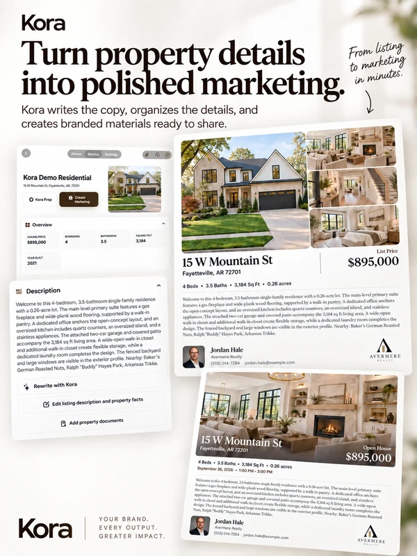 Residential property details and branded listing materials. Kora Intelligence.