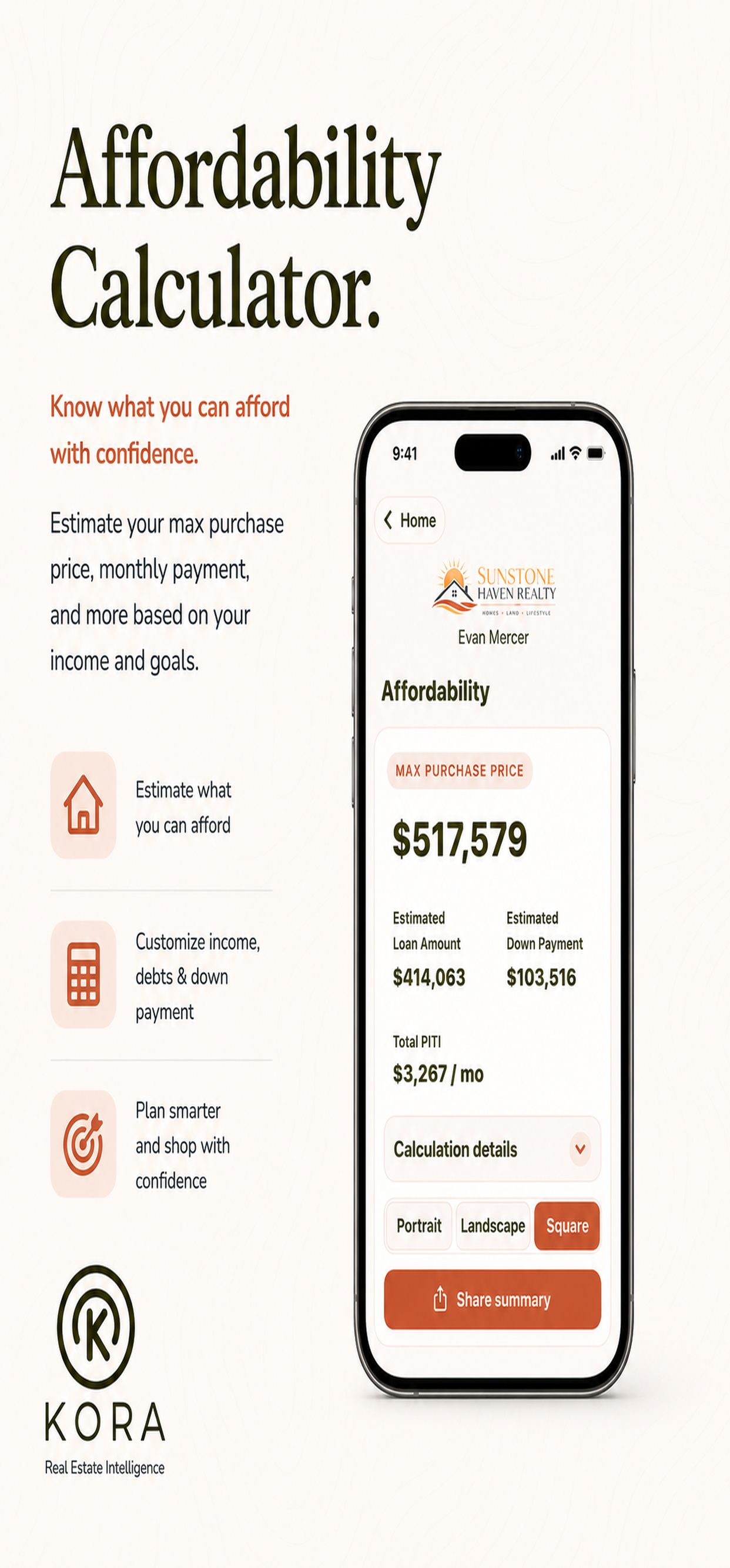 Kora affordability calculator on iPhone showing buyer budget estimates.