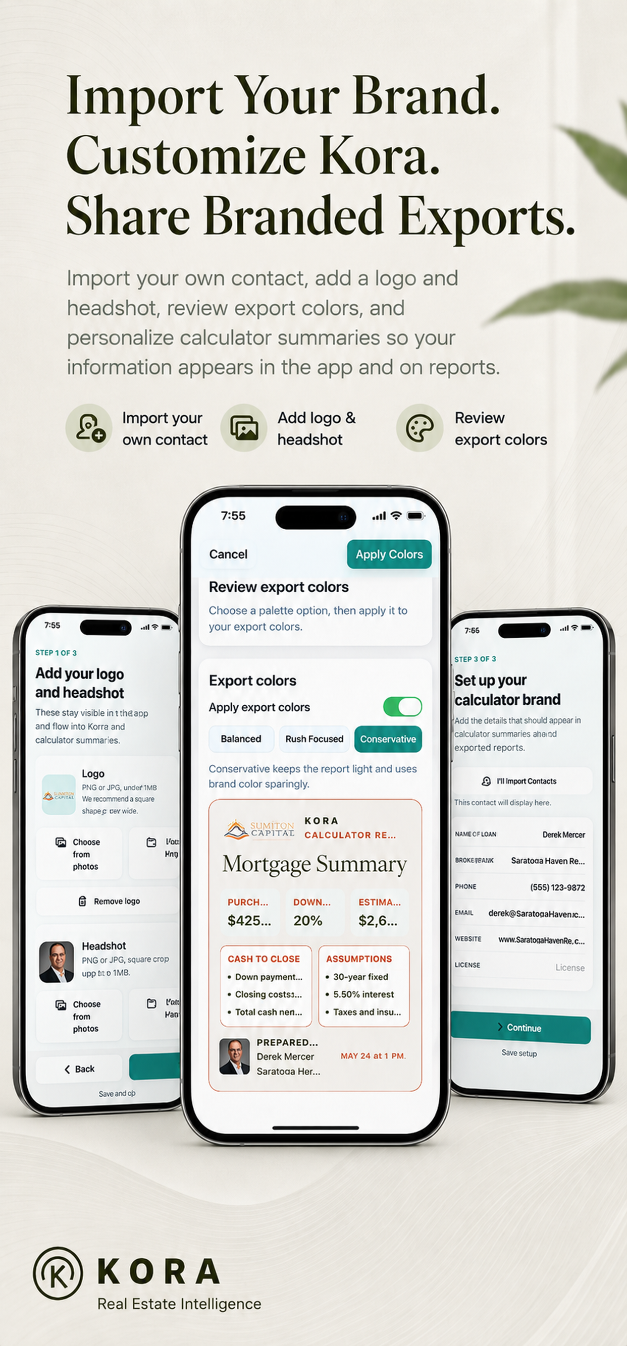 Kora branding controls on iPhone for agent and brokerage details.