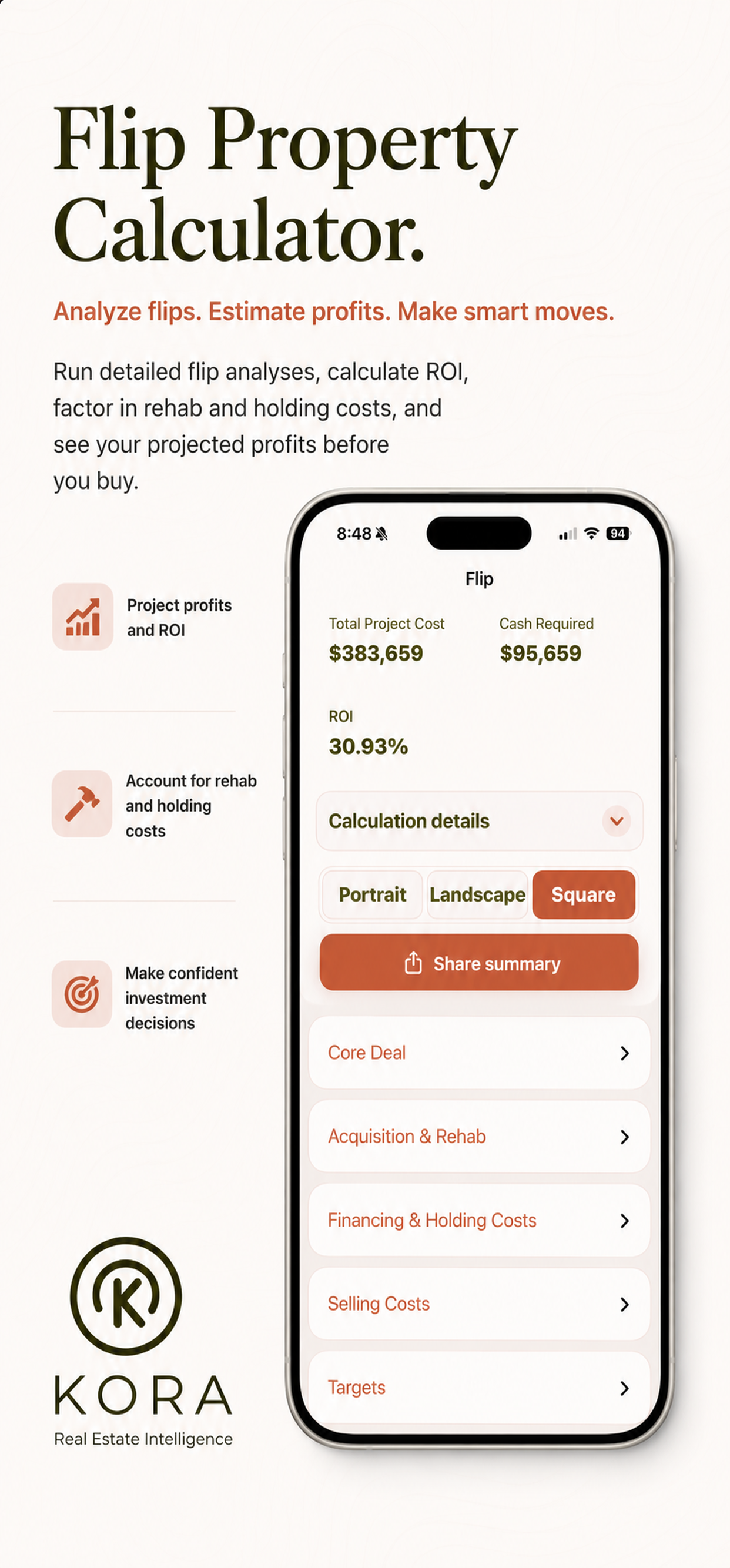 Kora flip calculator on iPhone showing project costs, profit, and return estimates.