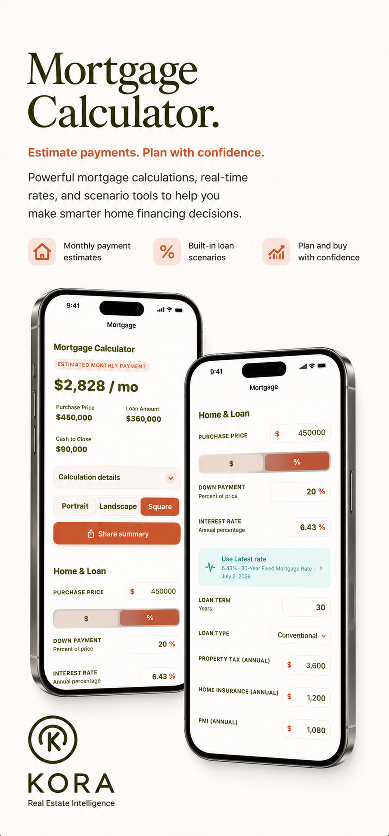 Kora mortgage calculator on iPhone showing payment inputs and results.