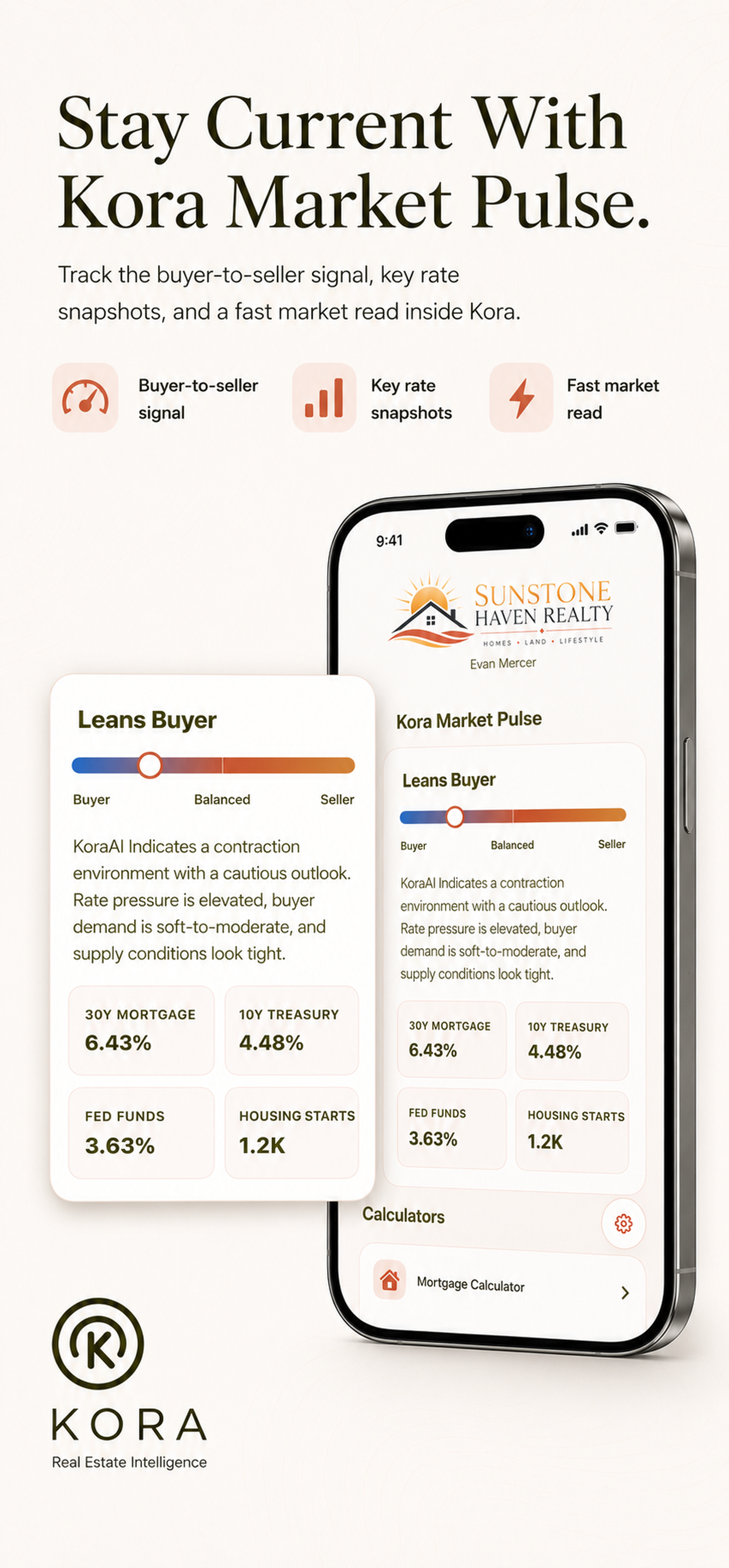 Kora Market Pulse on iPhone with a buyer-to-seller market signal.