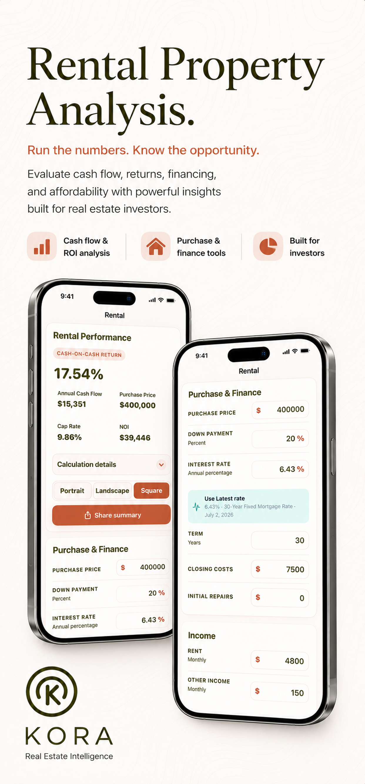 Kora rental property analysis on iPhone showing cash flow and return metrics.