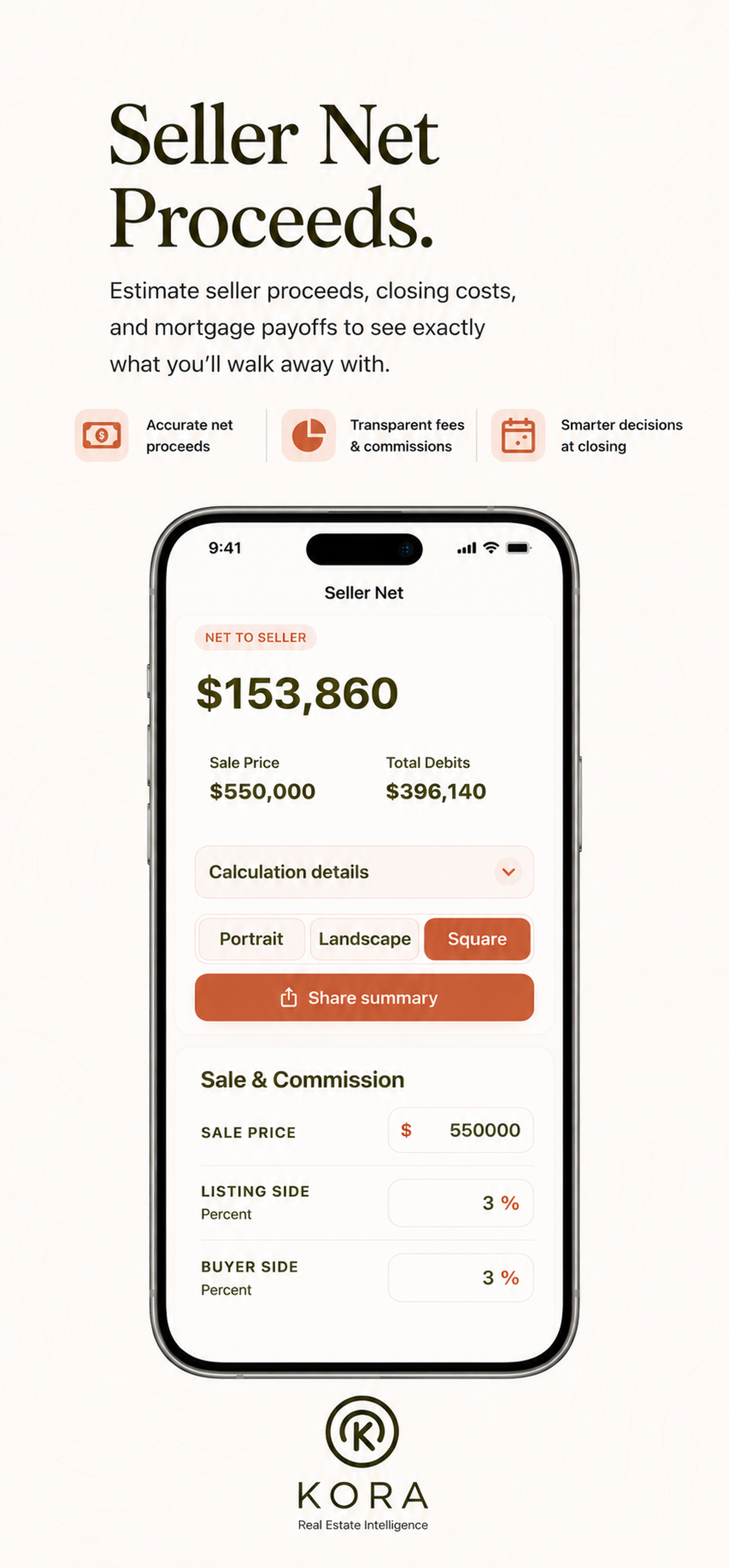 Kora Seller Net calculator on iPhone showing proceeds and transaction costs.