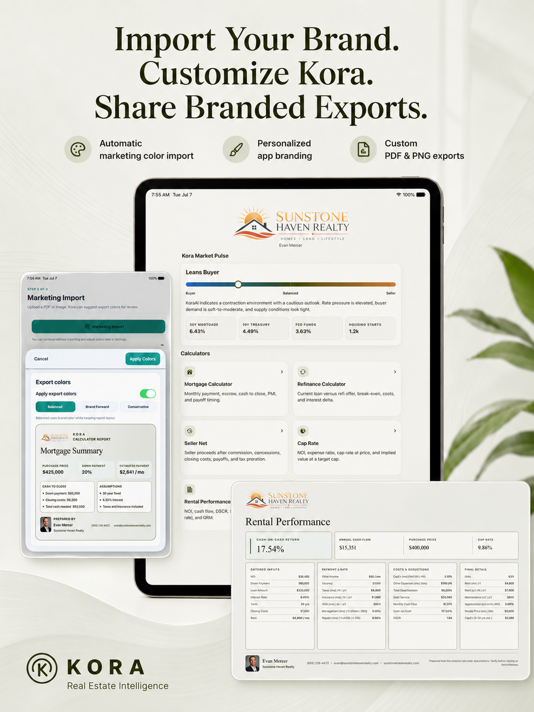 Kora Real Estate Intelligence showing branded real estate calculator exports on iPhone and iPad.