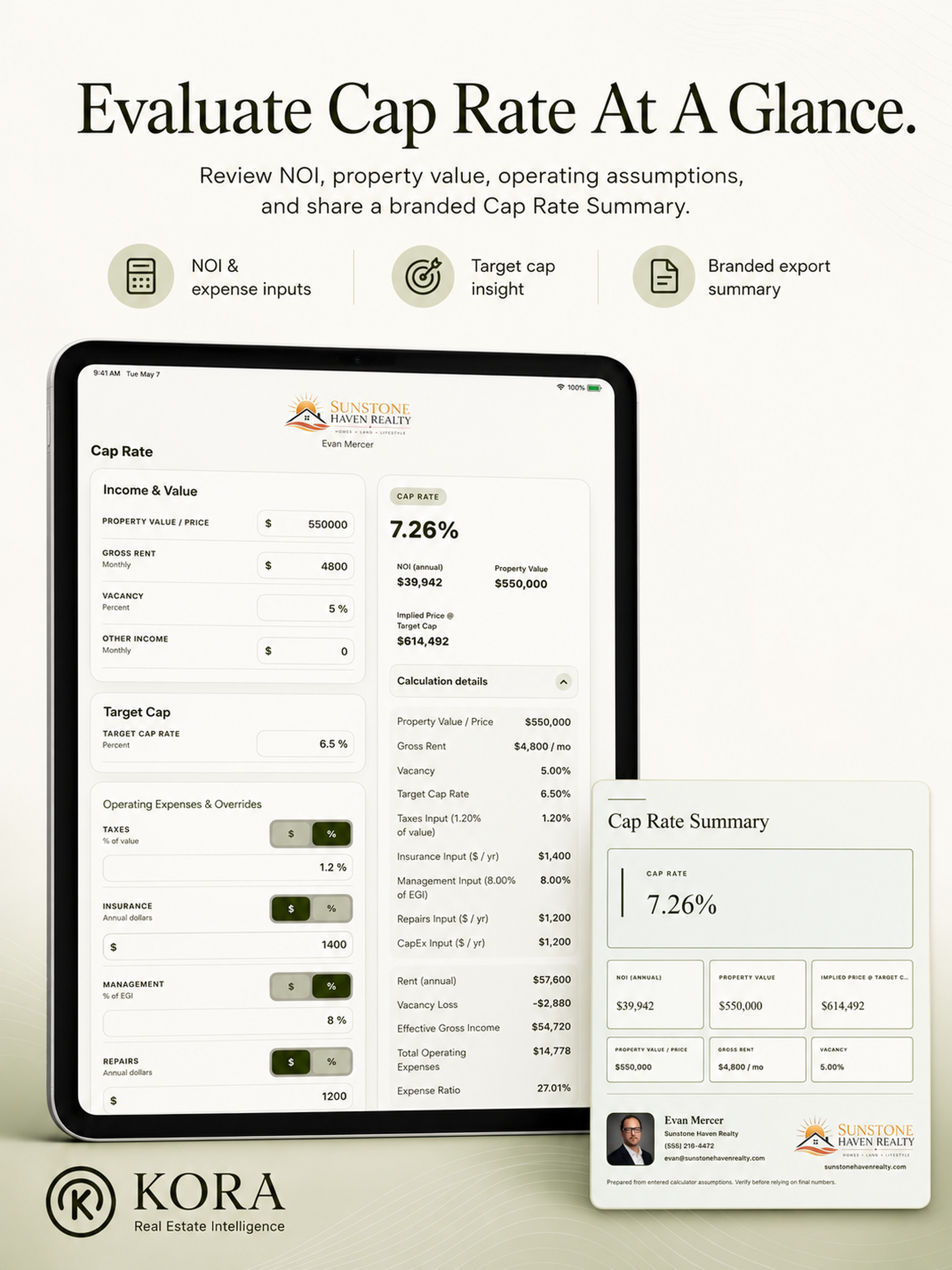 Kora Cap Rate showing NOI, property value, cap rate, implied price, and branded cap rate summary.