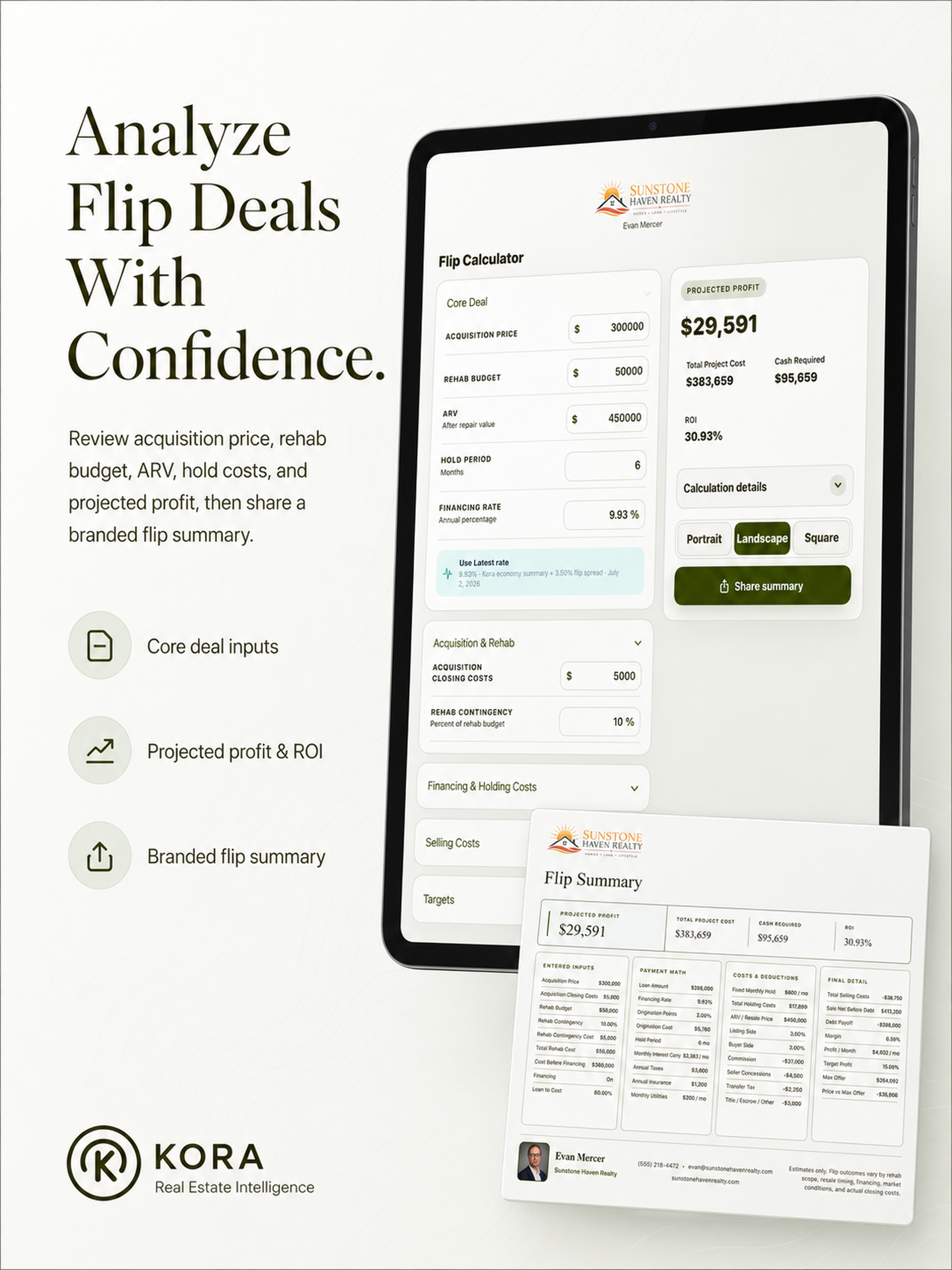 Kora Flip Calculator showing acquisition price, rehab budget, ARV, projected profit, ROI, and branded flip summary.