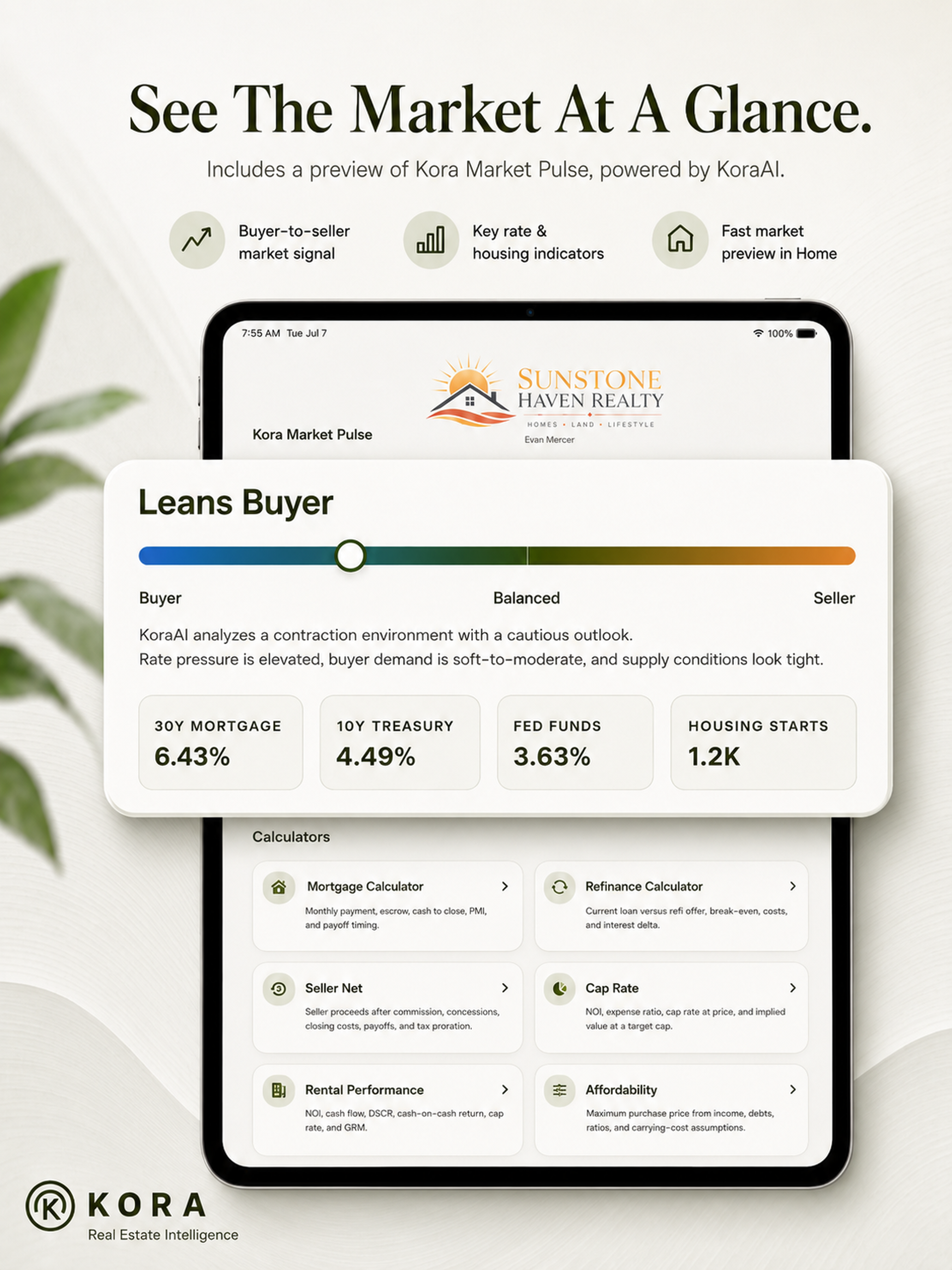 Kora Market Pulse preview showing a buyer-to-seller market signal and rate indicators.
