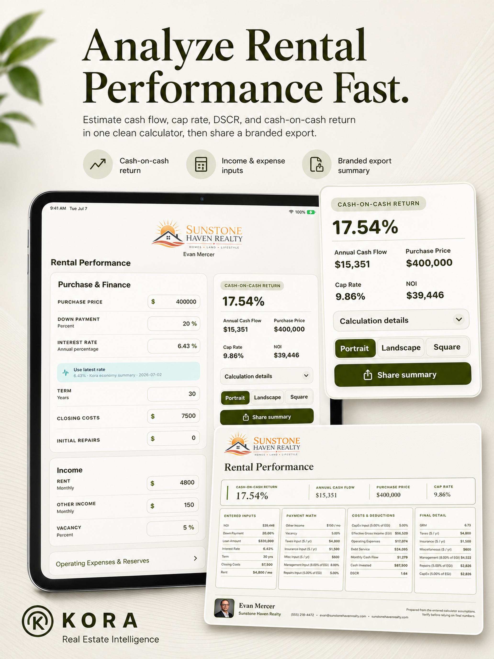 Kora Rental Performance showing cash-on-cash return, annual cash flow, cap rate, NOI, and branded export summary.