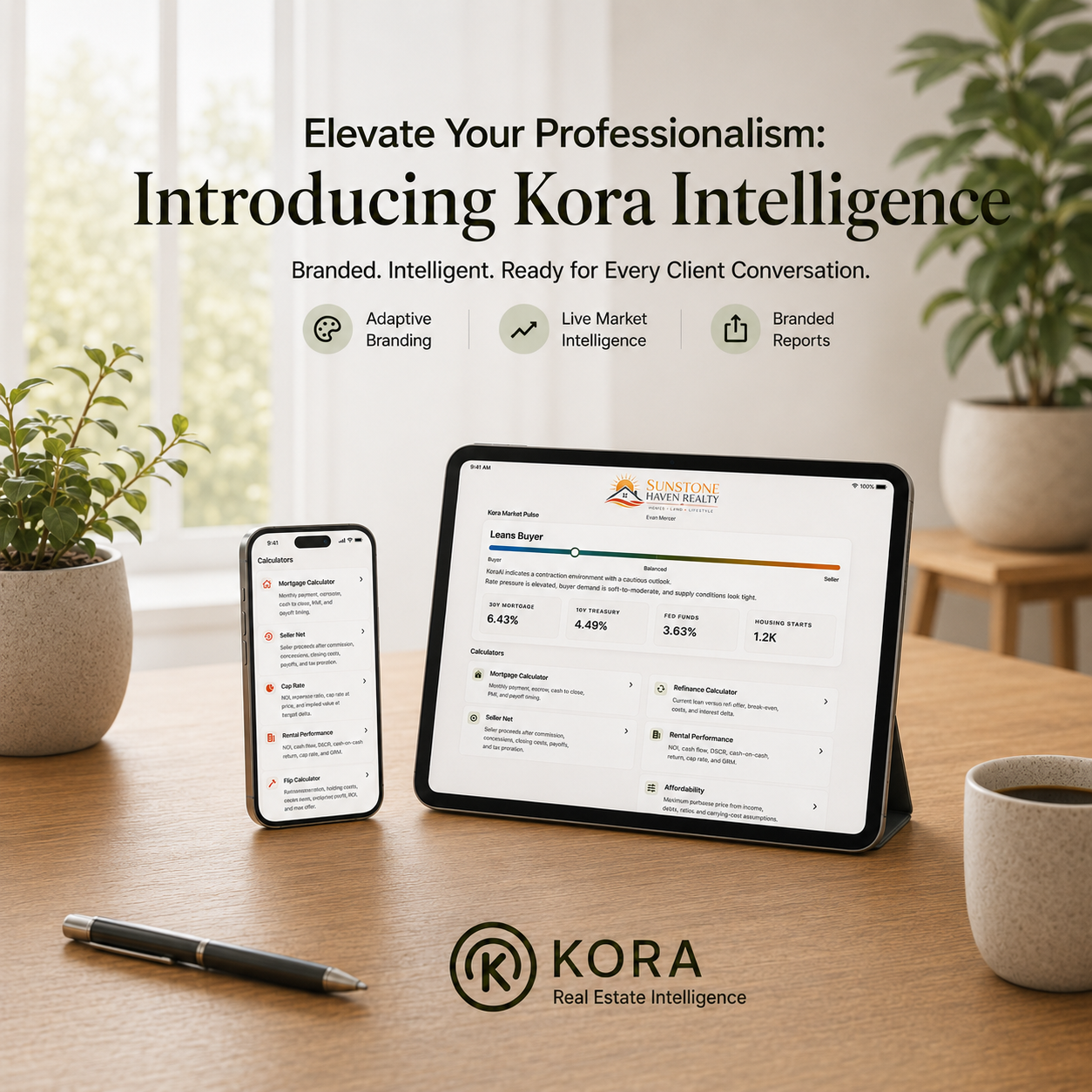 Kora real estate calculator workspace for agents on iPhone and iPad.